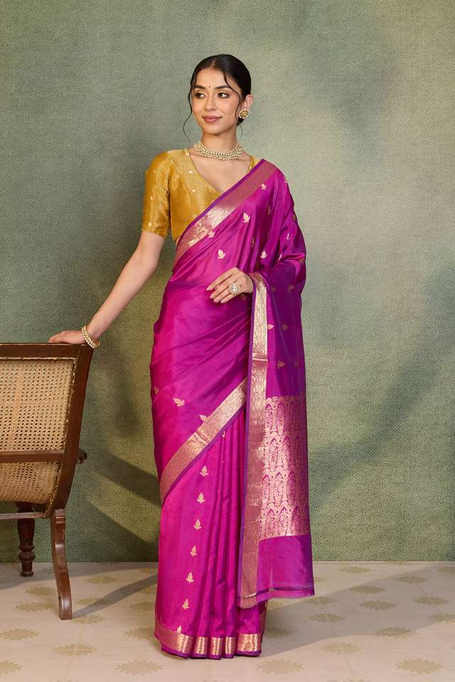 Dark Pink Silk Viscose Cutwork Banarasi Inspired Design Saree thumbnail image number null
