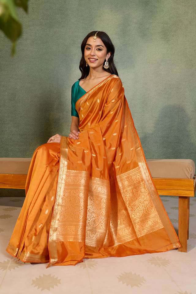 Orange Silk Viscose Cutwork Banarasi Inspired Design Saree image number
