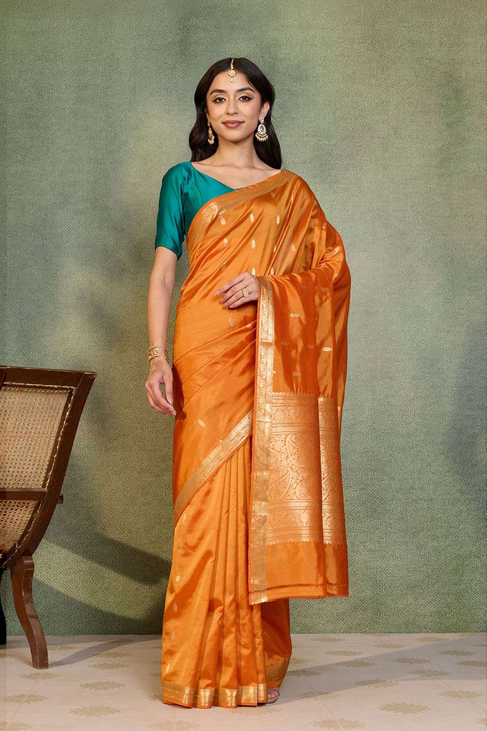 Orange Silk Viscose Cutwork Banarasi Inspired Design Saree image number null