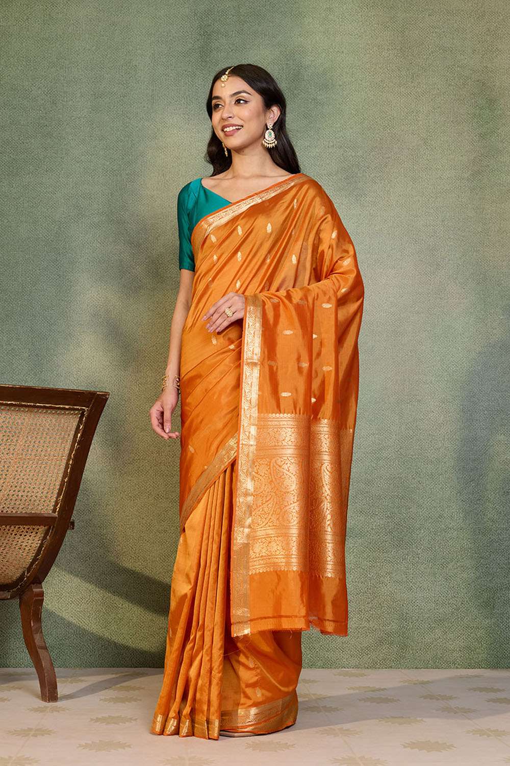 Orange Silk Viscose Cutwork Banarasi Inspired Design Saree image number null
