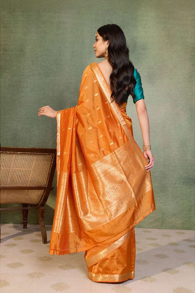 Orange Silk Viscose Cutwork Banarasi Inspired Design Saree thumbnail image number null