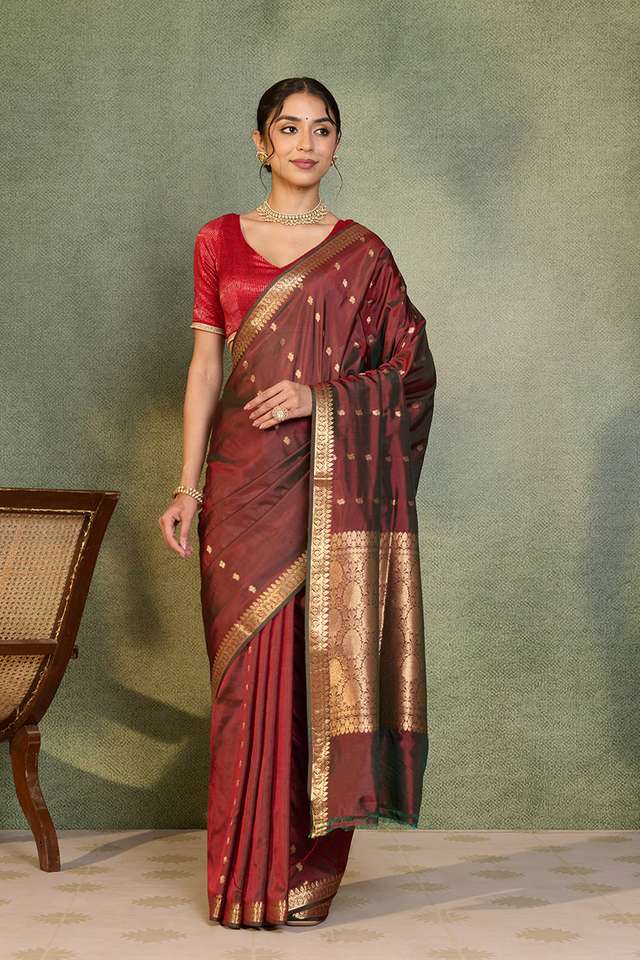 Red Silk Viscose Cutwork Banarasi Inspired Design Saree thumbnail image number null