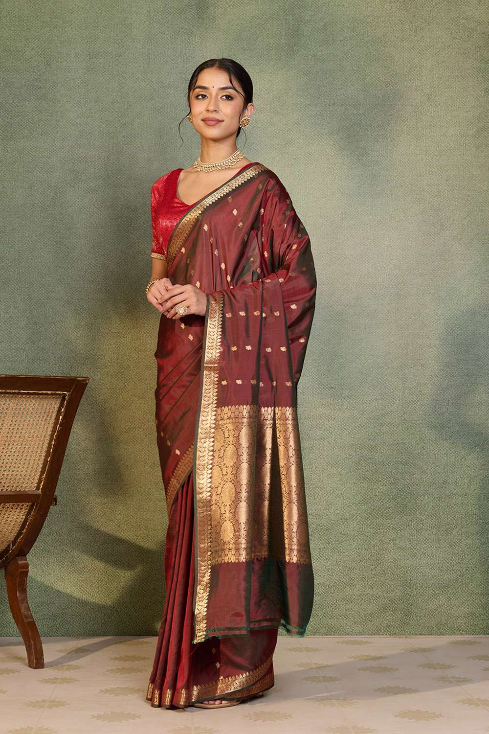 Red Silk Viscose Cutwork Banarasi Inspired Design Saree image number null