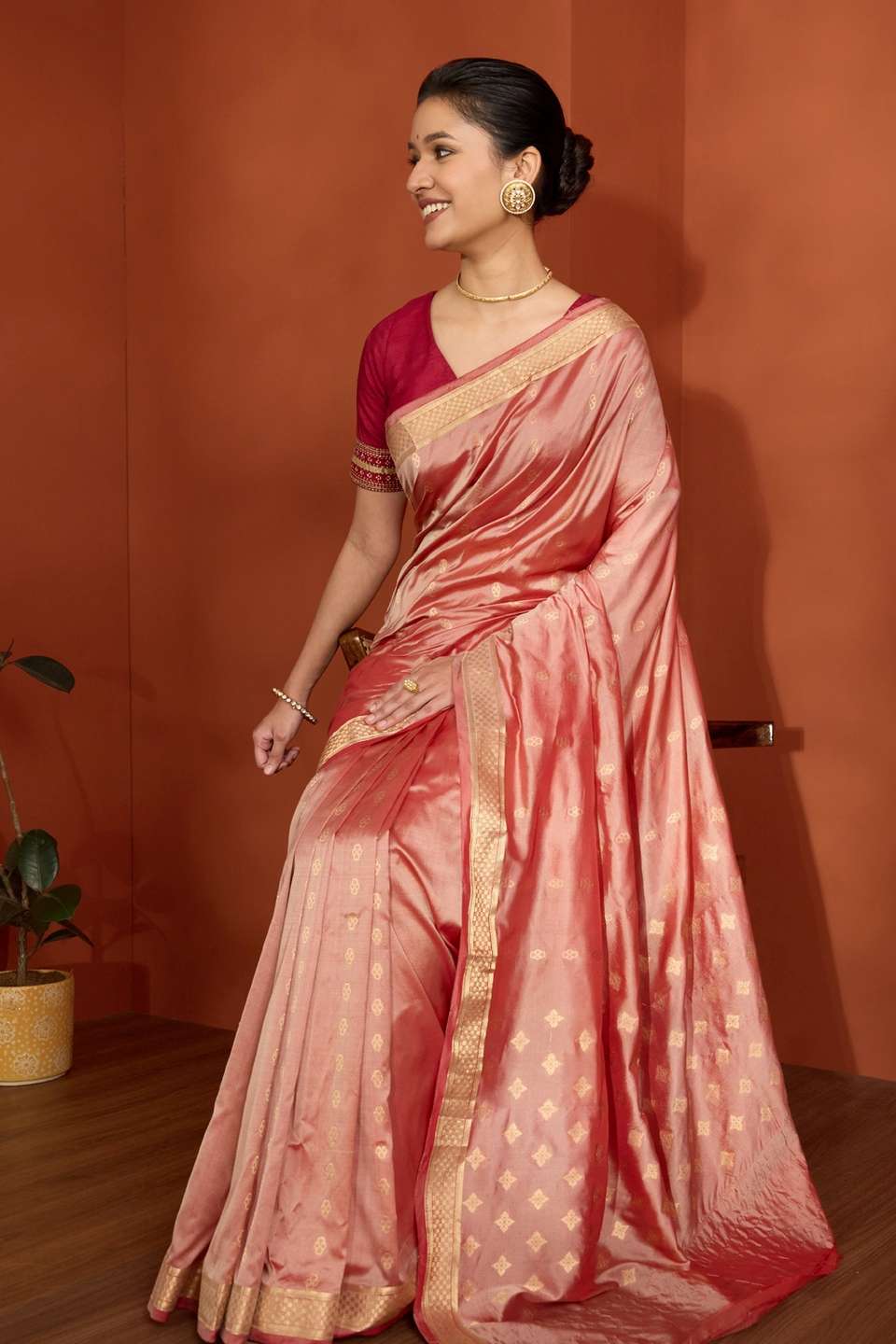Light Red Silk Viscose Cutwork Banaras Inspired Design Saree