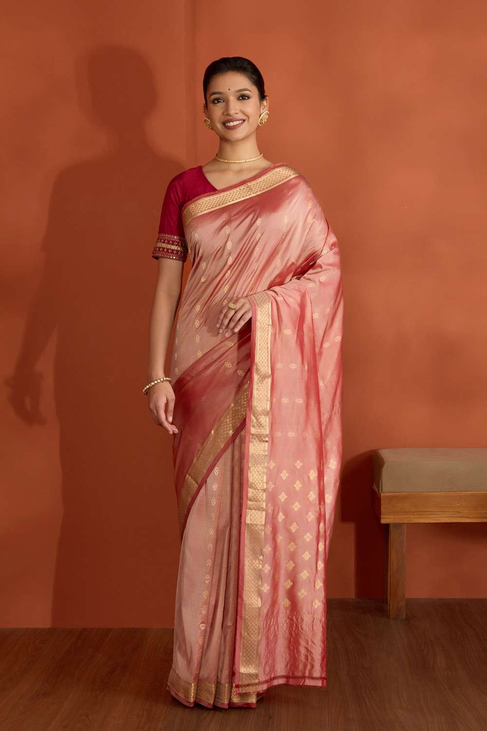 Light Red Silk Viscose Cutwork Banaras Inspired Design Saree image number null