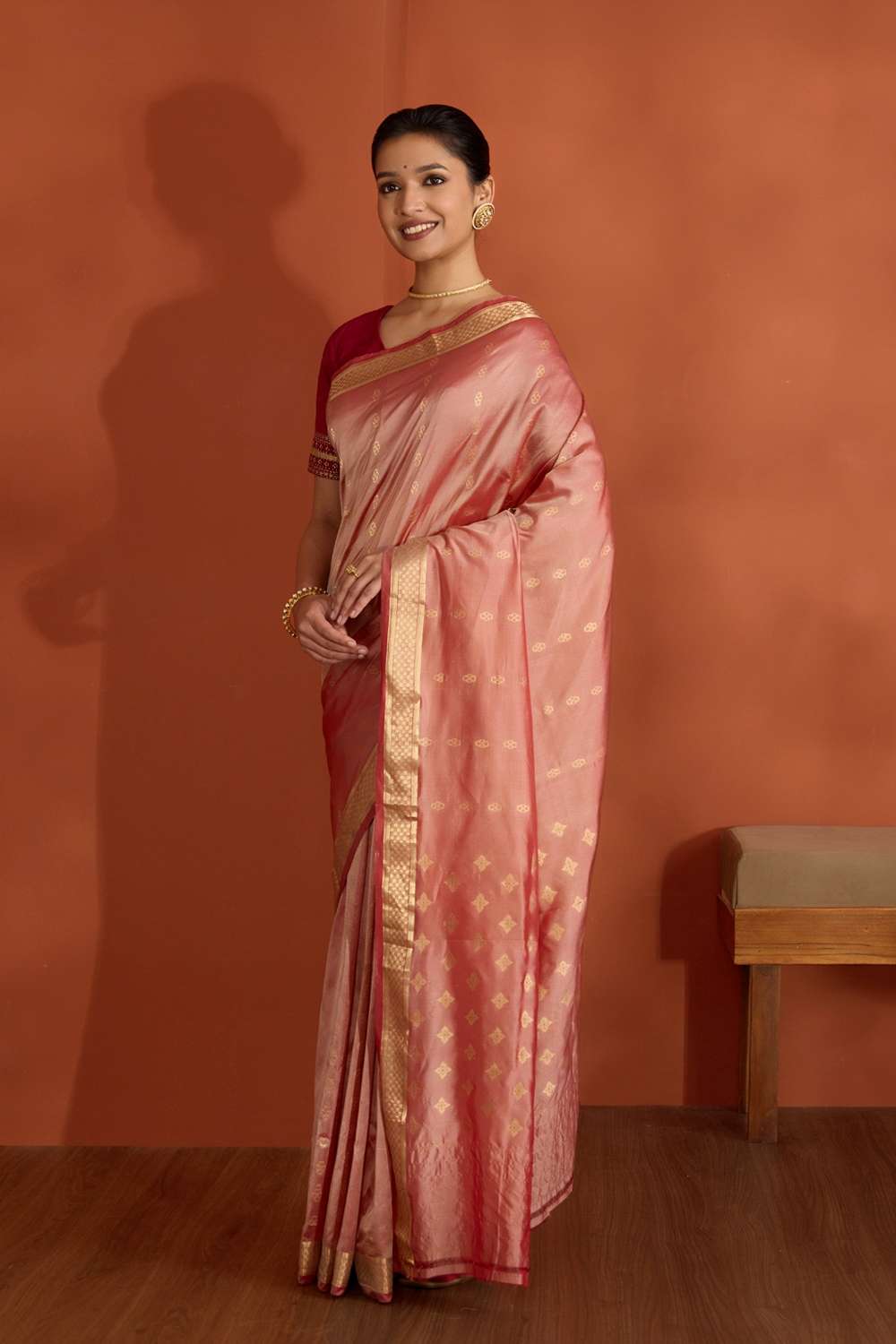 Light Red Silk Viscose Cutwork Banaras Inspired Design Saree image number null