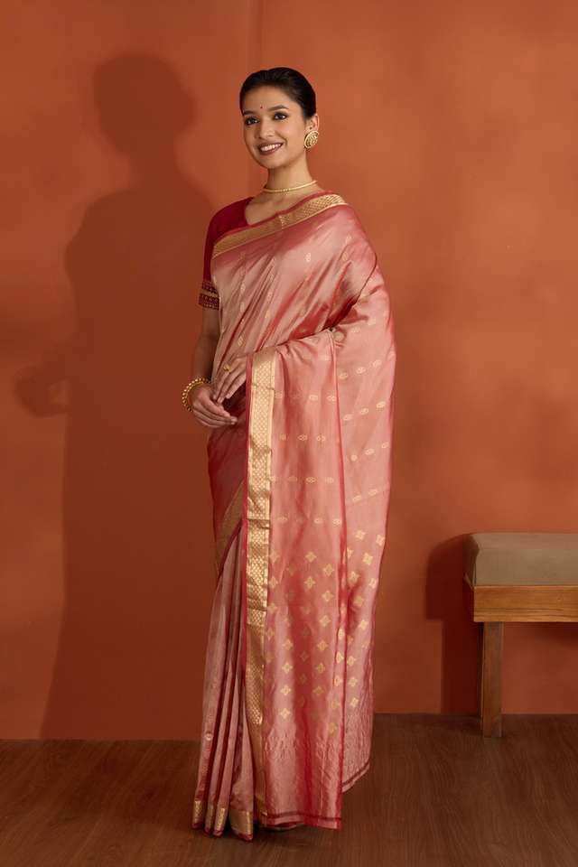 Light Red Silk Viscose Cutwork Banaras Inspired Design Saree thumbnail image number null