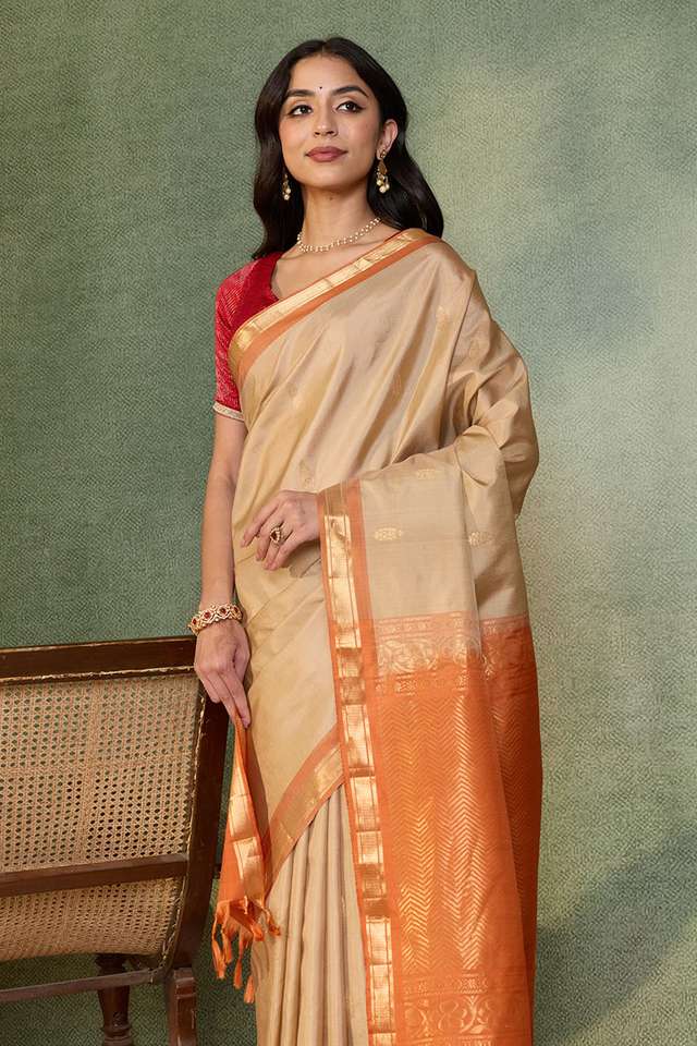 Beige Woven Pure Silk Saree image number