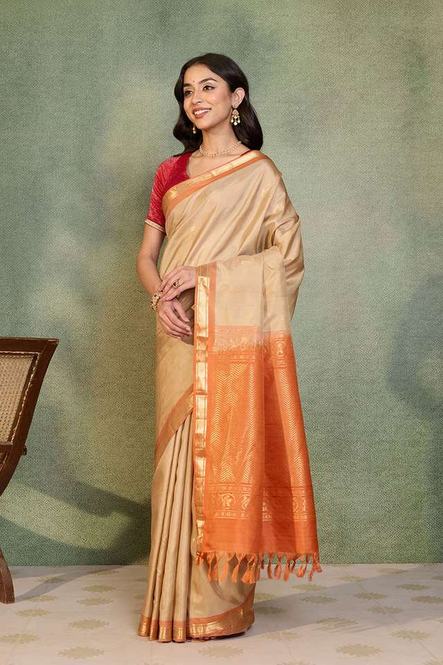Beige Woven Pure Silk Saree thumbnail image number null
