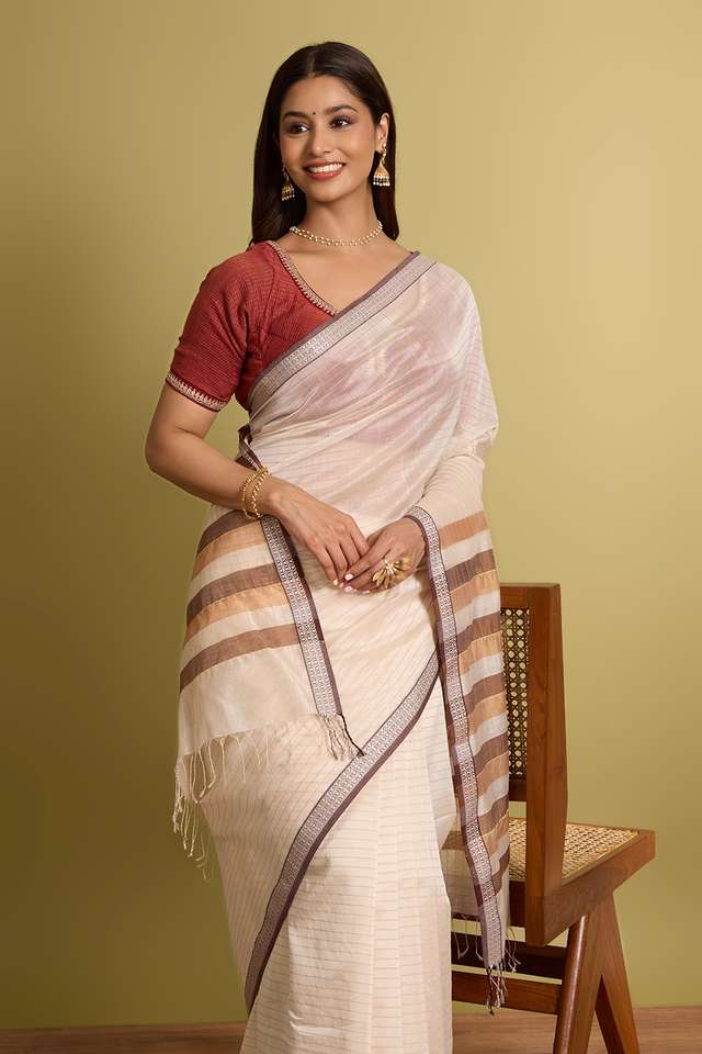 Off White Woven Pure Silk Cotton Maheshwari Saree image number