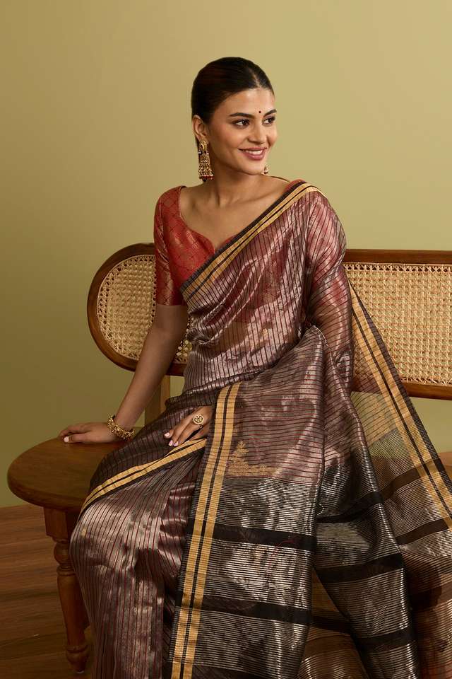 Dark Red Woven Pure Silk Tissue Chanderi Saree image number