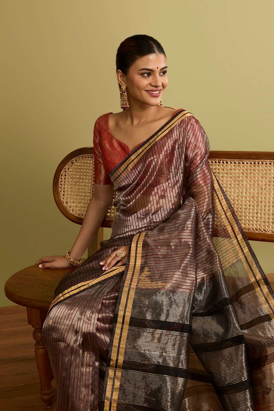 Dark Red Woven Pure Silk Tissue Chanderi Saree