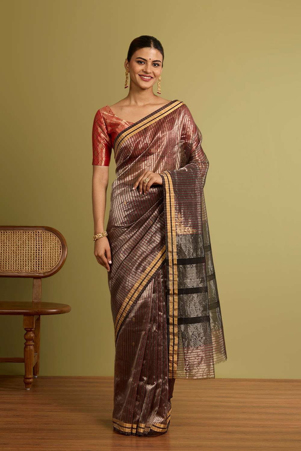 Dark Red Woven Pure Silk Tissue Chanderi Saree image number null