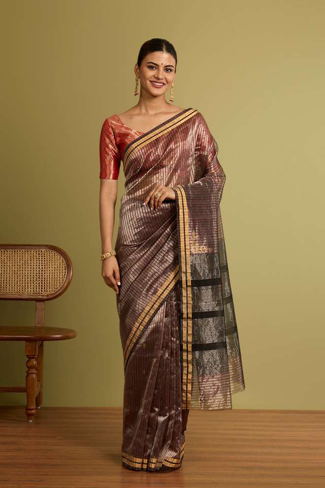Dark Red Woven Pure Silk Tissue Chanderi Saree thumbnail image number null