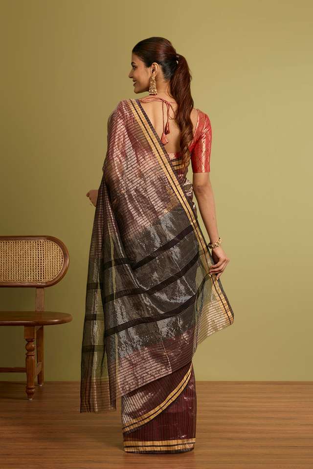 Dark Red Woven Pure Silk Tissue Chanderi Saree thumbnail image number null