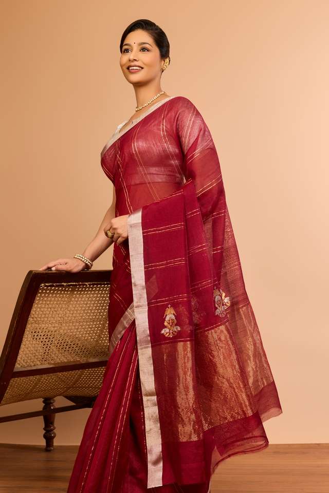 Red Silk Cotton Chanderi Eknaliya Saree image number