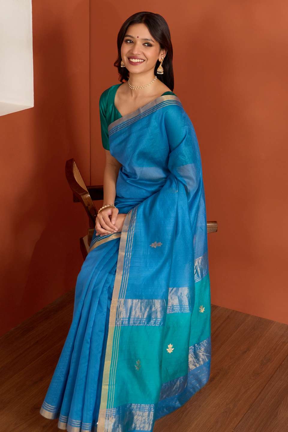 Dark Blue Pure Silk Cotton Chanderi Woven Saree