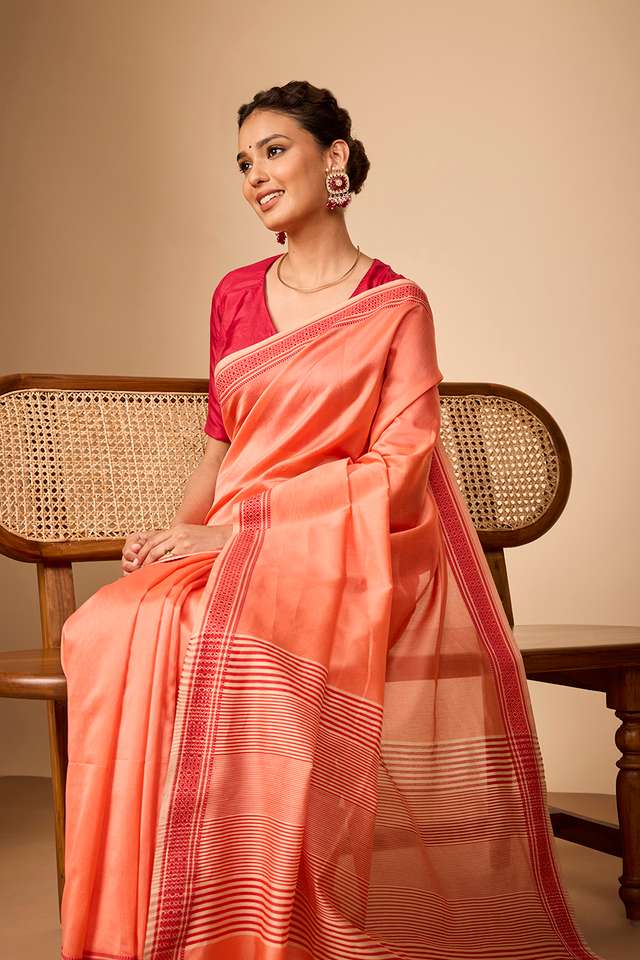 Orange Woven Pure Silk Cotton Maheshwari Saree image number