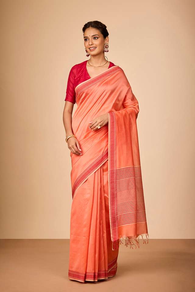 Orange Woven Pure Silk Cotton Maheshwari Saree thumbnail image number null