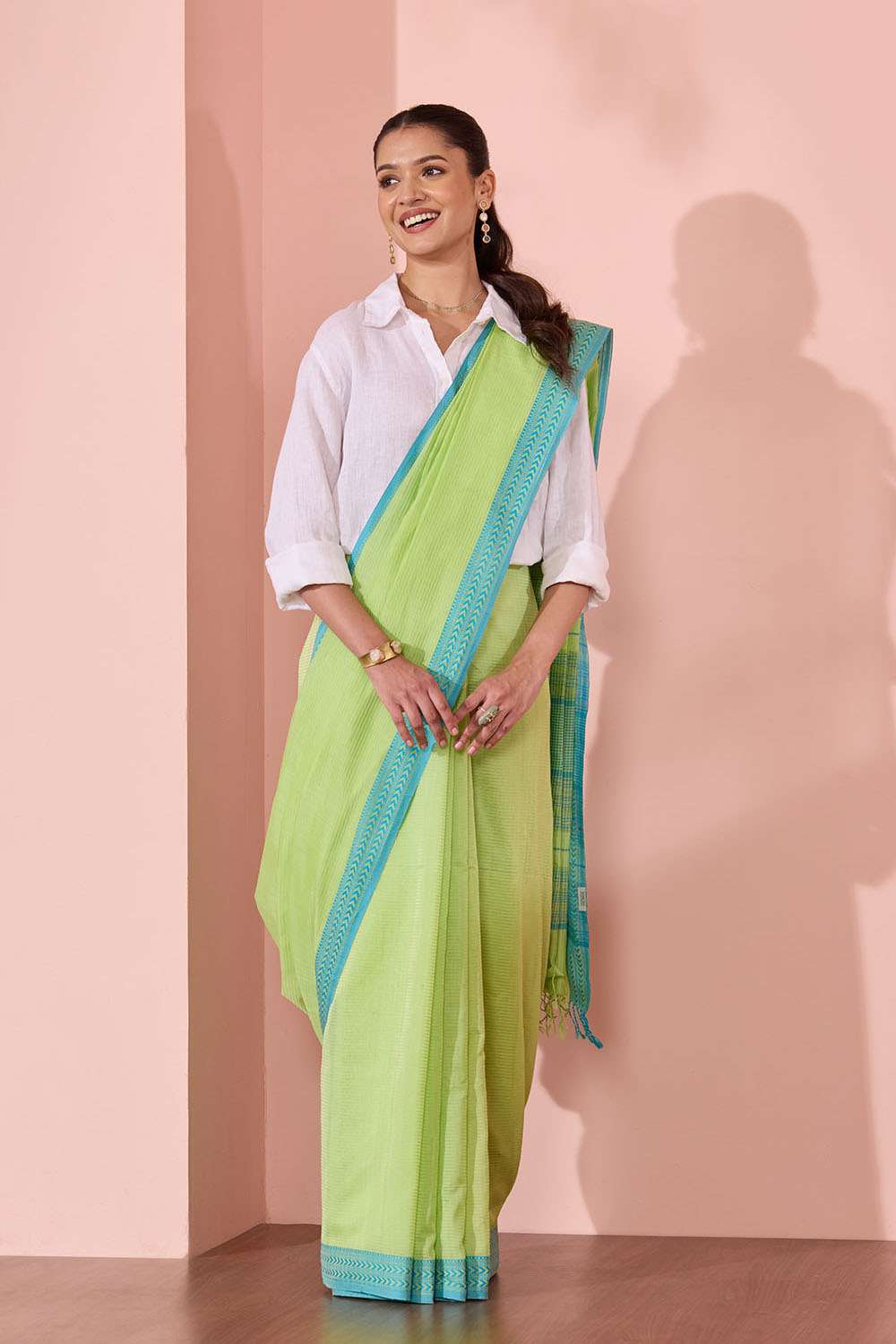 Light Green Woven Pure Silk Cotton Maheshwari Saree image number null