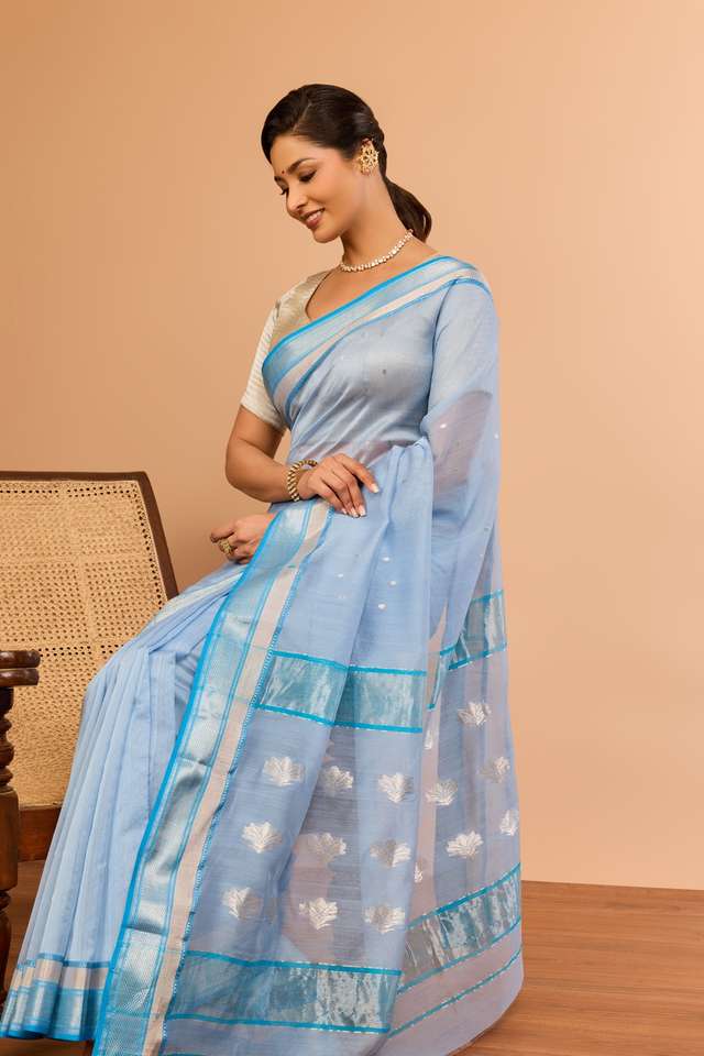 Light Blue Silk Cotton Chanderi Woven Saree image number