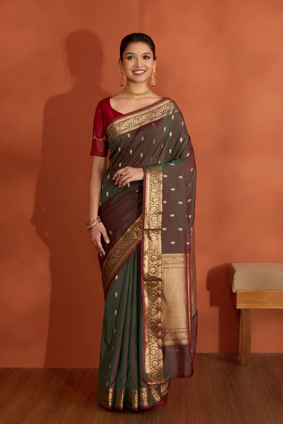 Dark Green Silk Viscose Cutwork Banarasi Saree