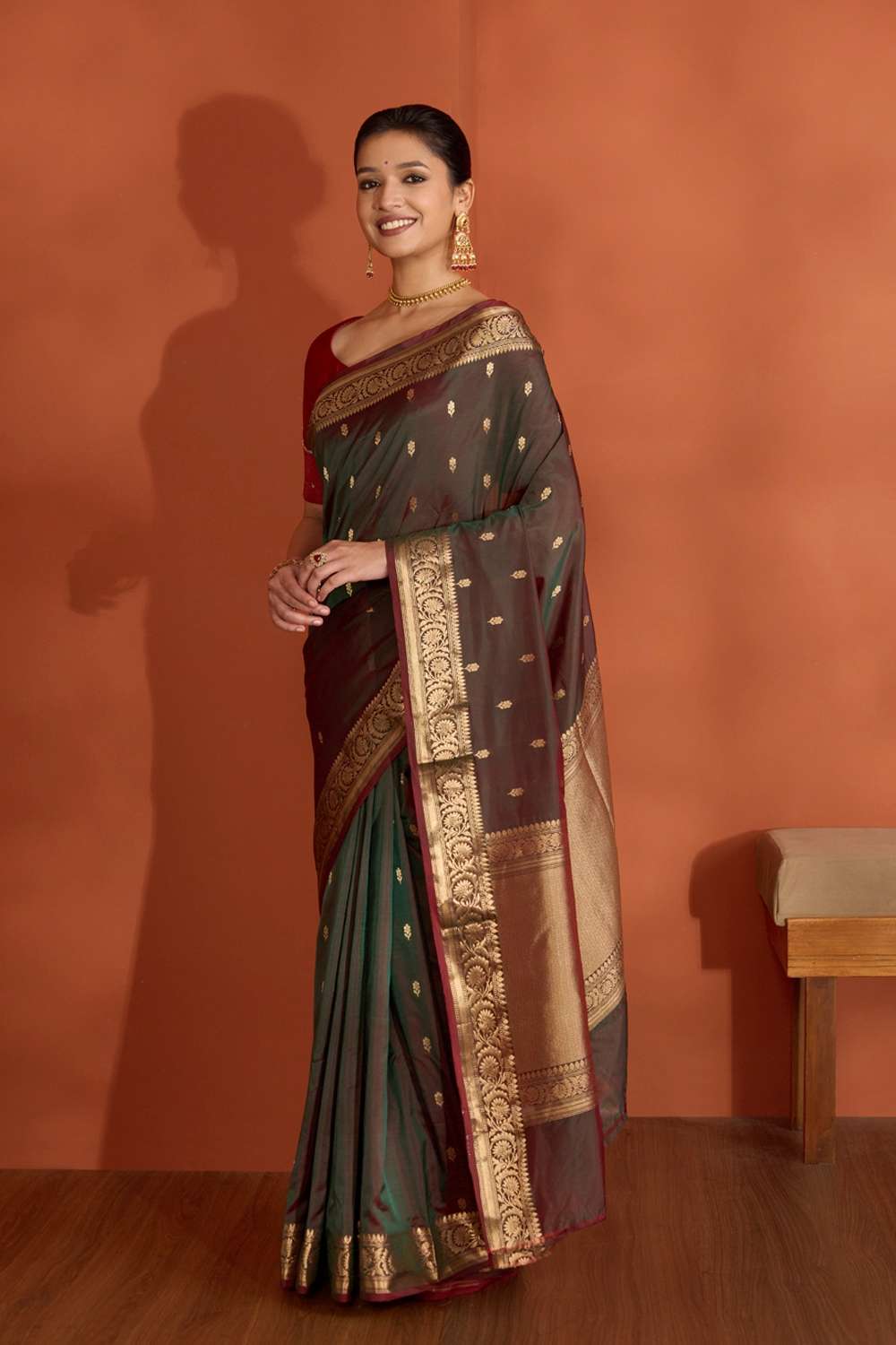 Dark Green Silk Viscose Cutwork Banarasi Saree image number null