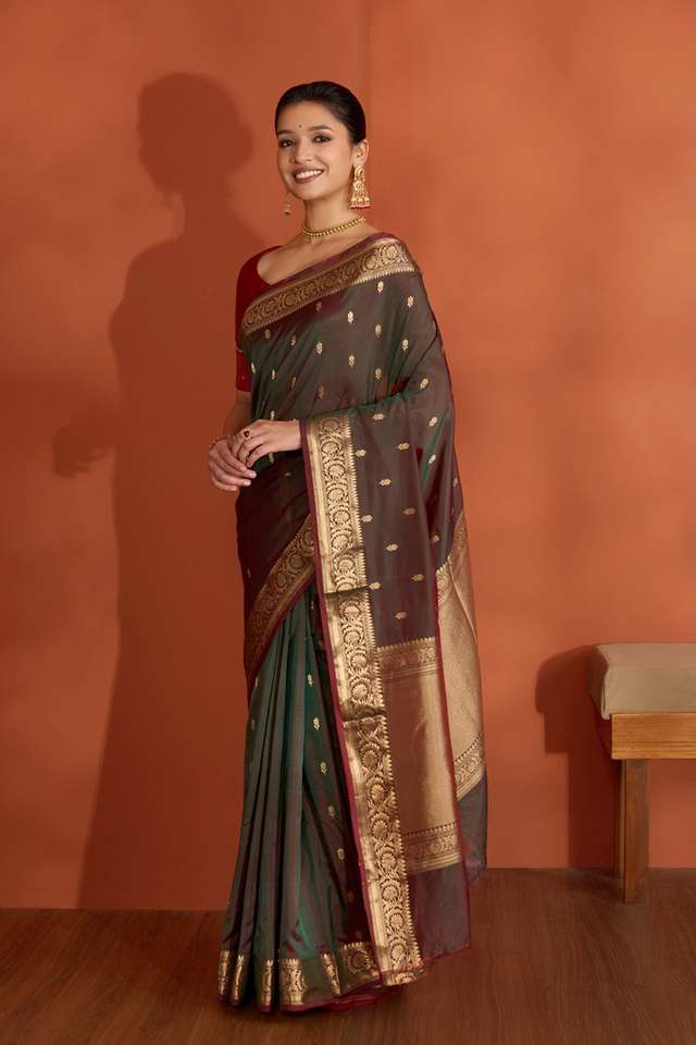Dark Green Silk Viscose Cutwork Banarasi Saree thumbnail image number null