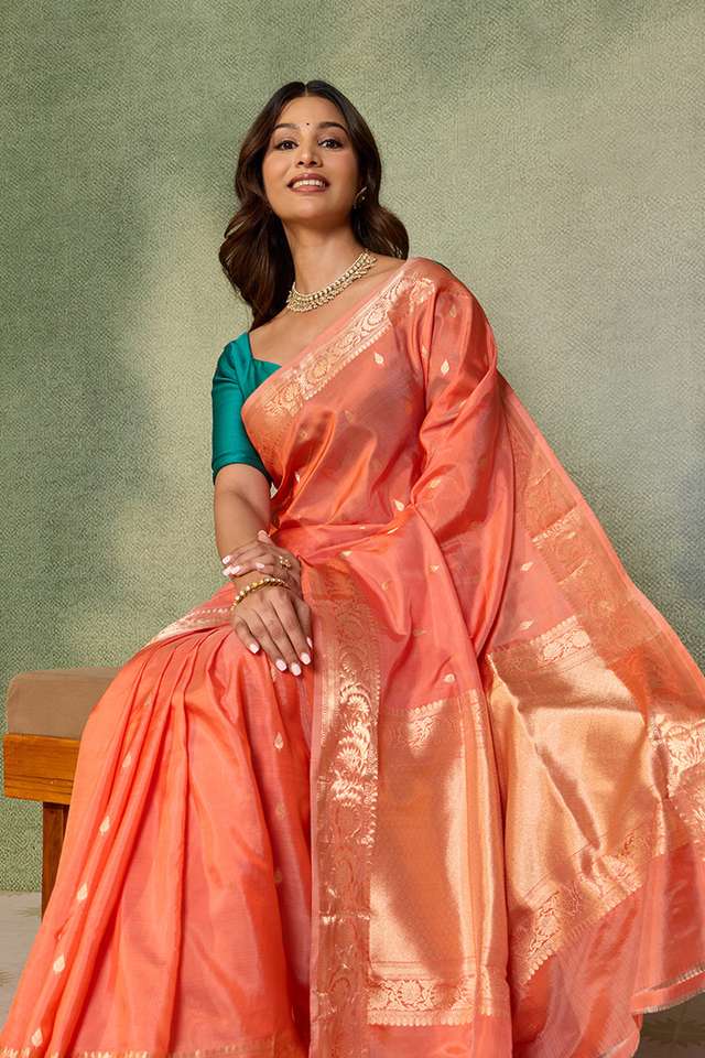 Orange Silk Viscose Cutwork Banarasi Saree image number