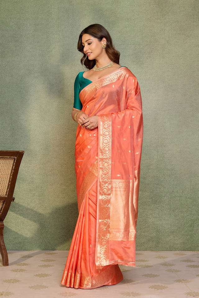 Orange Silk Viscose Cutwork Banarasi Saree thumbnail image number null