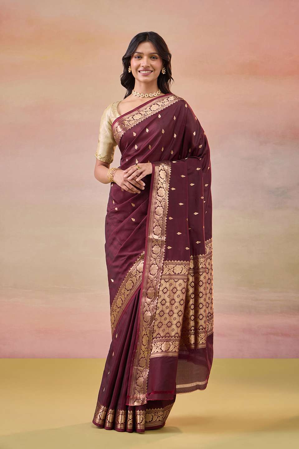 Dark Brown Cutwork Banaras Saree