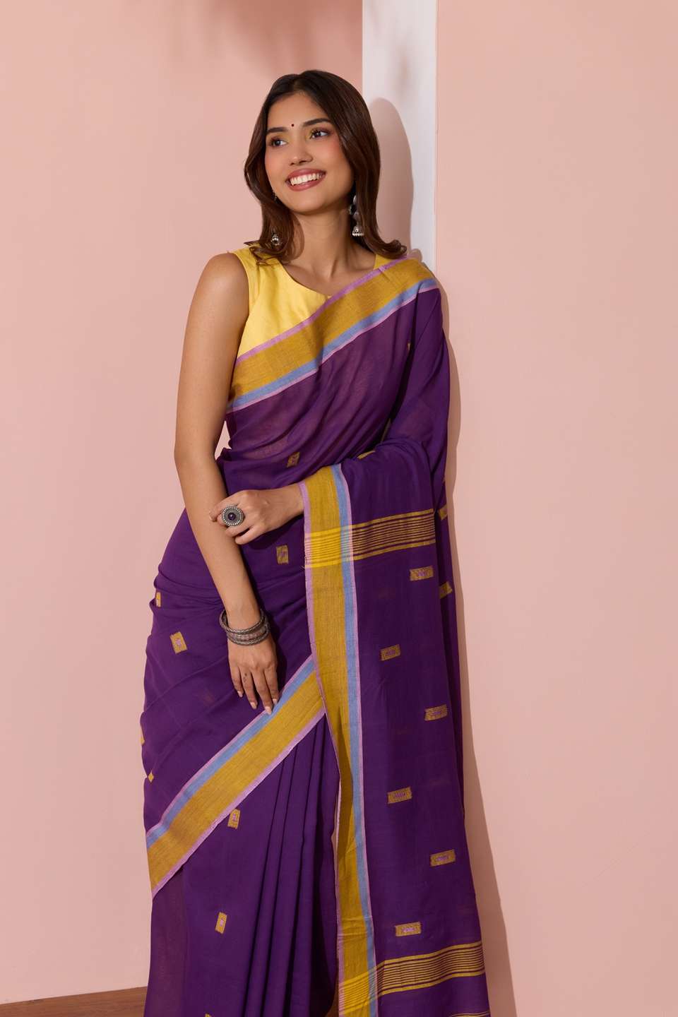 Dark Violet Woven Pure Cotton Bengal Saree