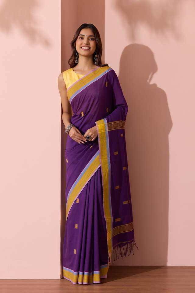 Dark Violet Woven Pure Cotton Bengal Saree thumbnail image number null