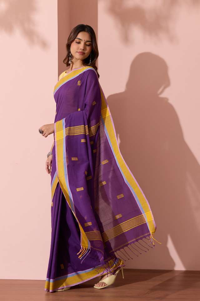 Dark Violet Woven Pure Cotton Bengal Saree thumbnail image number null