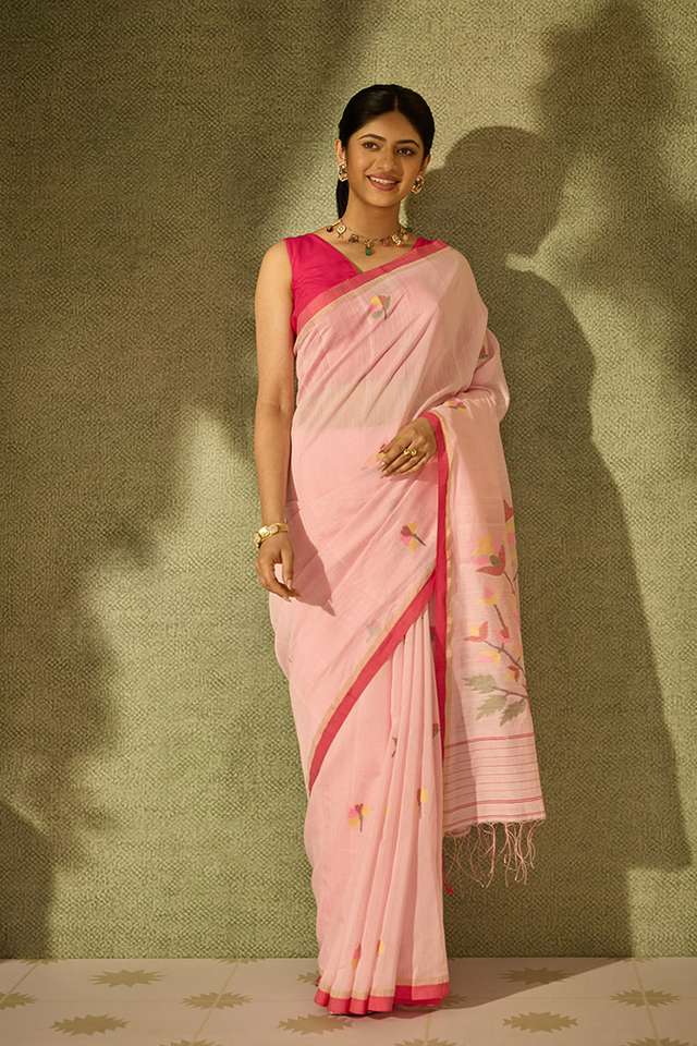 Light Pink Bengal Pure Silk Cotton Jamdani Saree image number