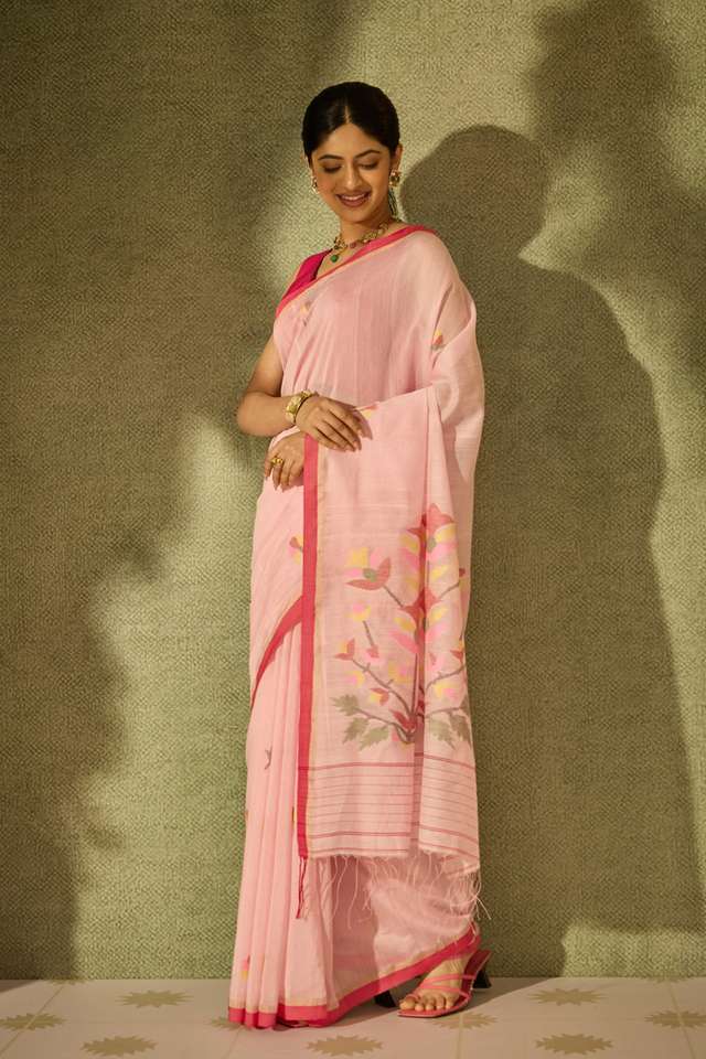 Light Pink Bengal Pure Silk Cotton Jamdani Saree thumbnail image number null