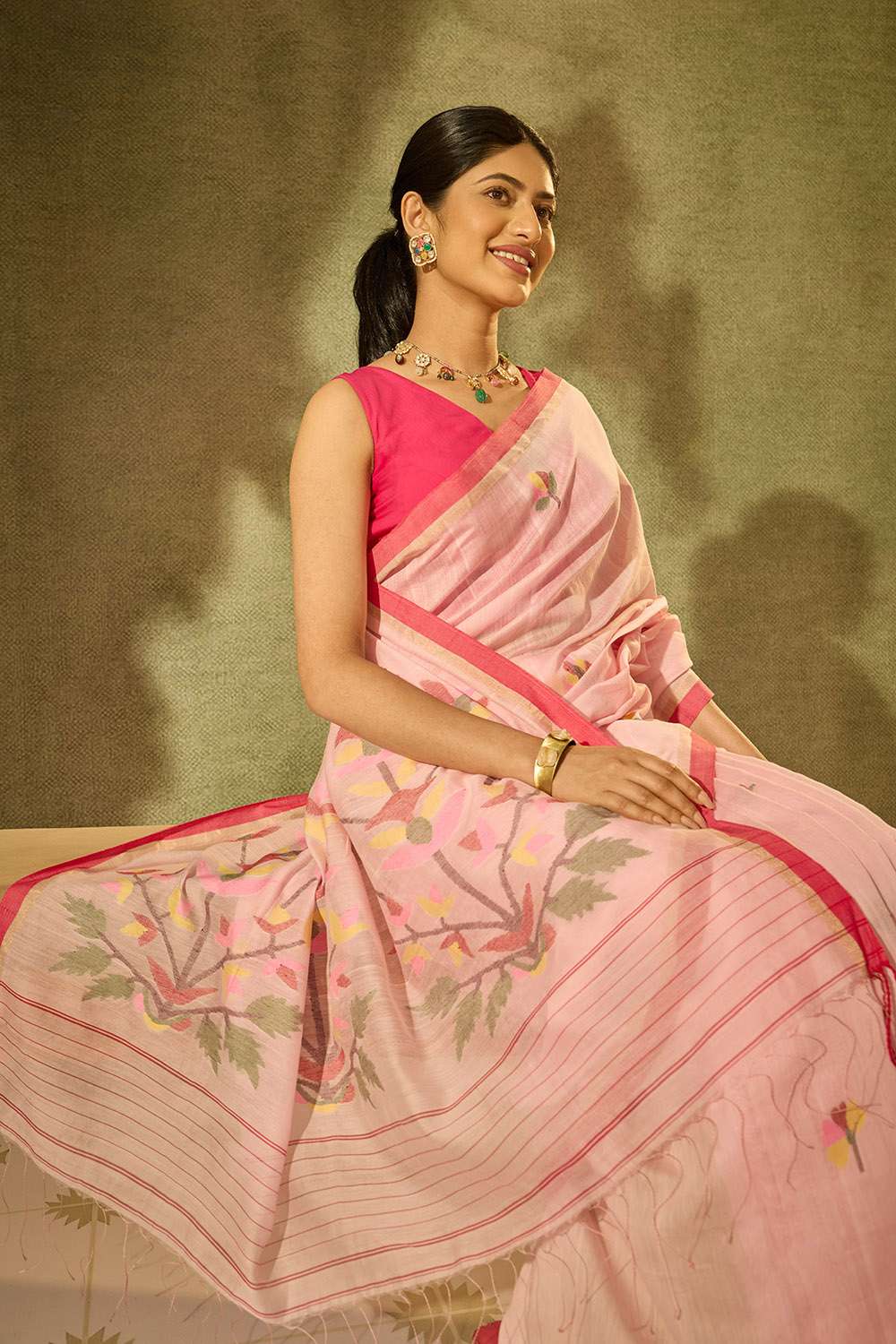Light Pink Bengal Pure Silk Cotton Jamdani Saree image number null