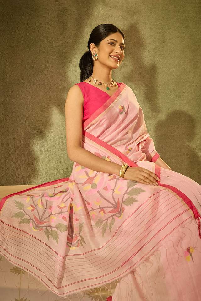 Light Pink Bengal Pure Silk Cotton Jamdani Saree thumbnail image number null