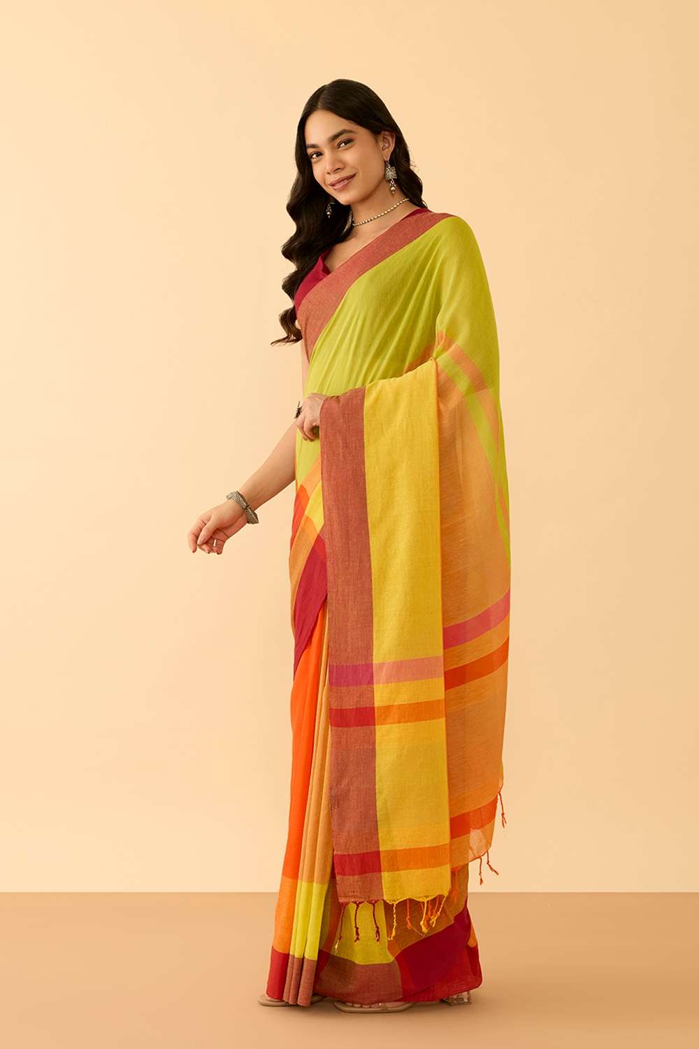 Orange Woven Pure Cotton Bengal Saree image number null