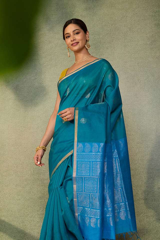 Blue Woven Pure Silk Cotton Saree image number