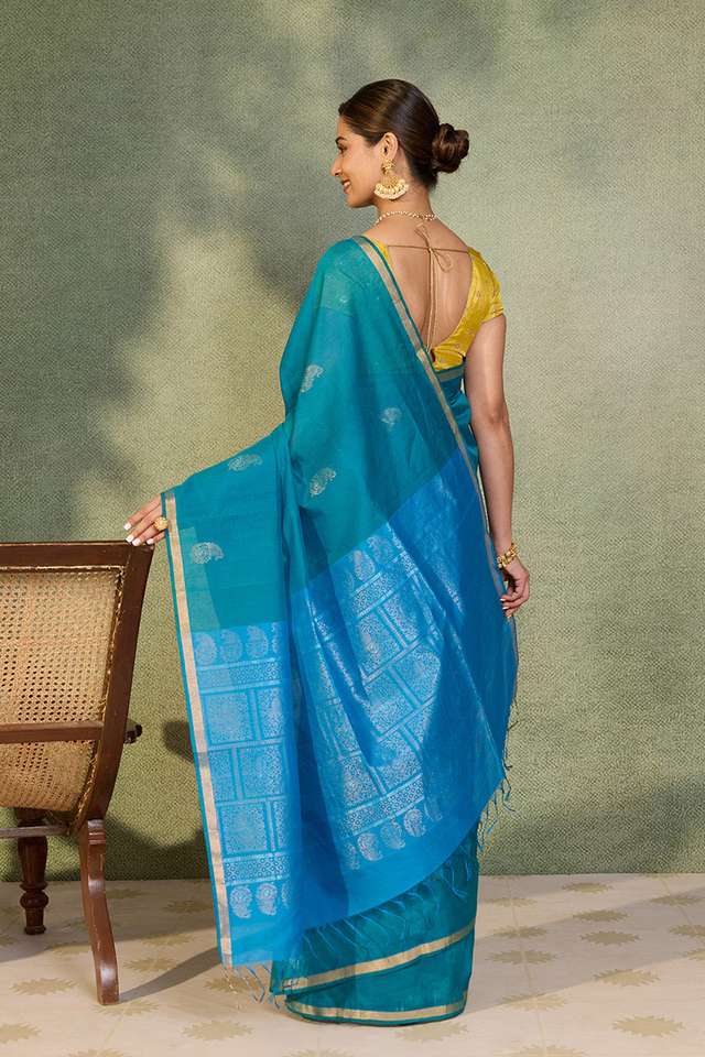 Blue Woven Pure Silk Cotton Saree thumbnail image number null