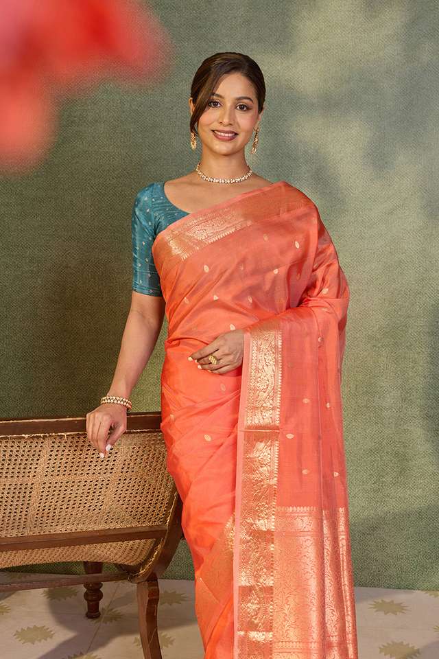 Orange Silk Viscose Kadwa Banarasi Saree image number