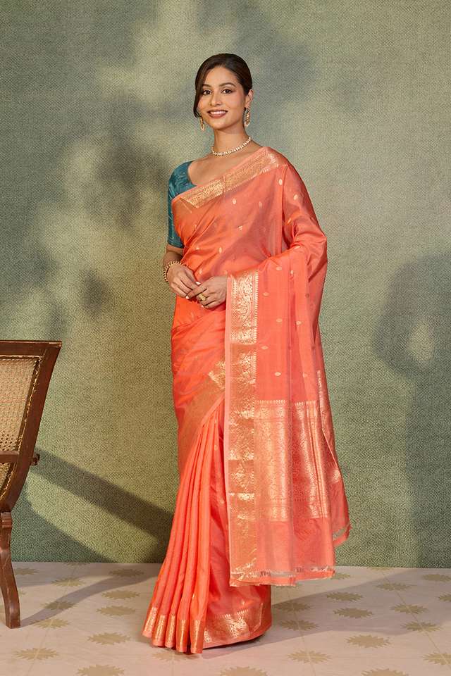 Orange Silk Viscose Kadwa Banarasi Saree thumbnail image number null