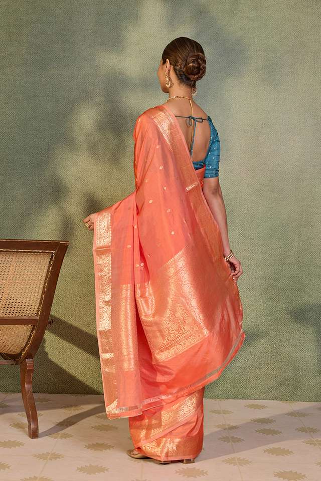 Orange Silk Viscose Kadwa Banarasi Saree thumbnail image number null