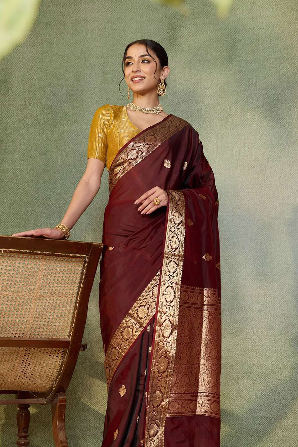 Dark Red Banarasi Inspired Design Silk Viscose Kadwa Saree
