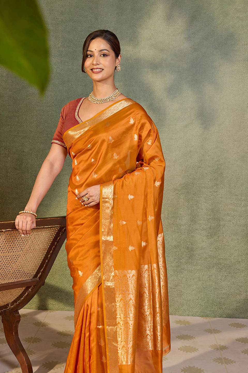 Dark Orange Silk Viscose Cutwork Banaras  Saree