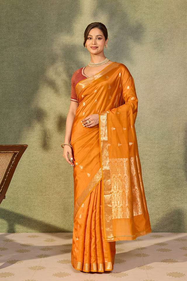 Dark Orange Silk Viscose Cutwork Banaras  Saree thumbnail image number null