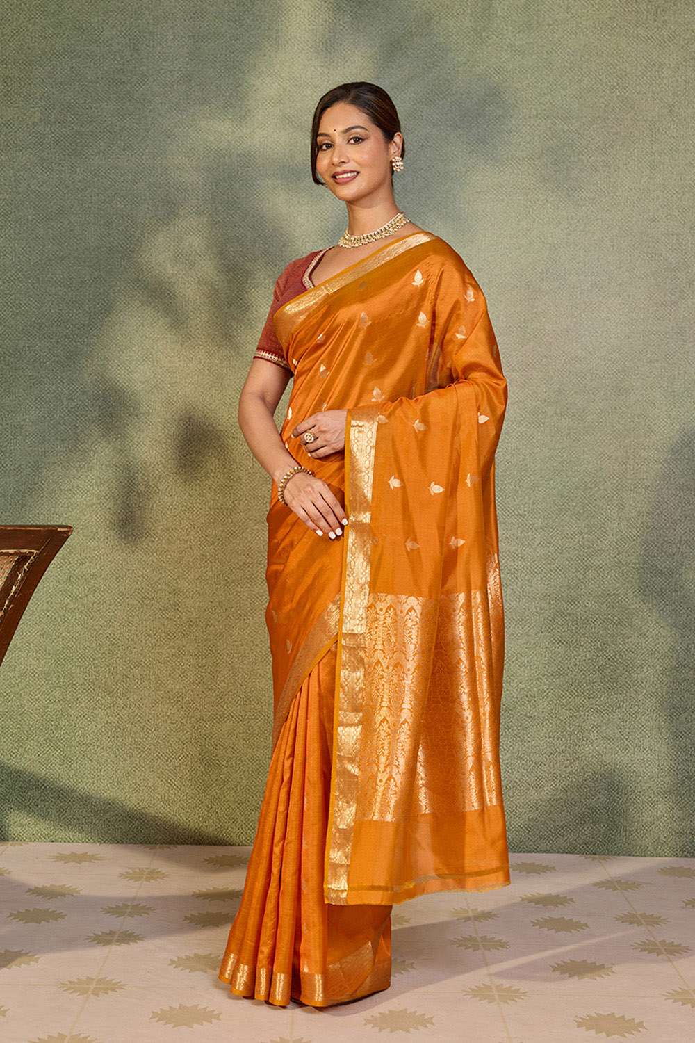 Dark Orange Silk Viscose Cutwork Banaras  Saree image number null