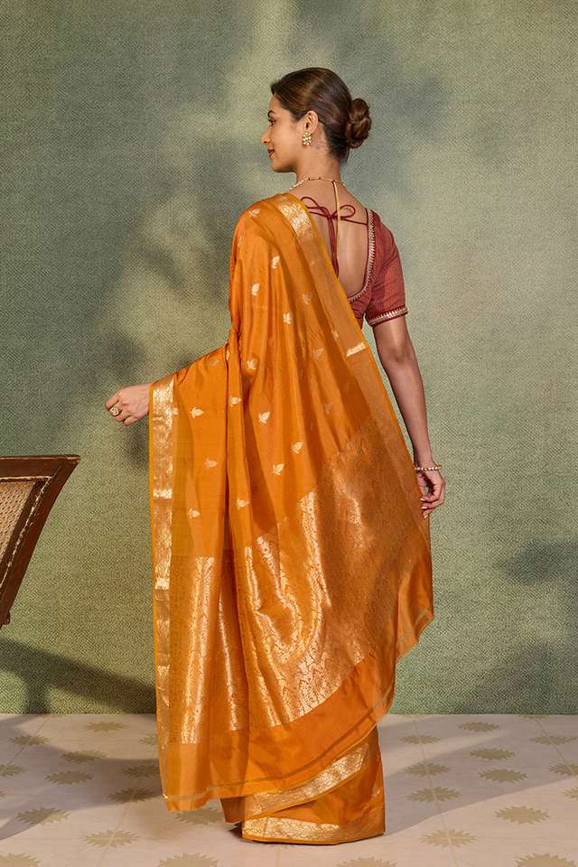 Dark Orange Silk Viscose Cutwork Banaras  Saree thumbnail image number null