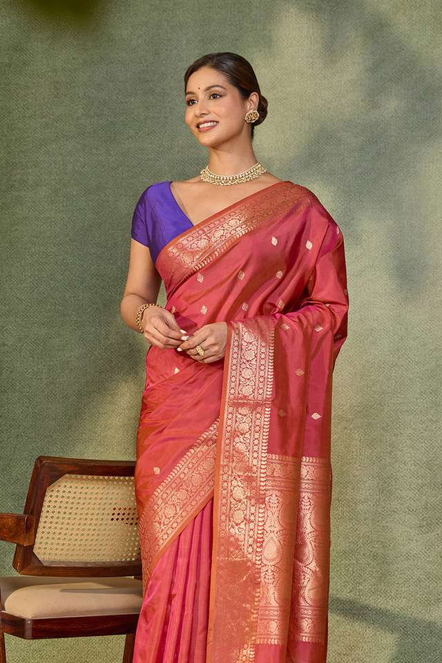 Pink Silk Viscose Kadwa Banarasi Saree image number